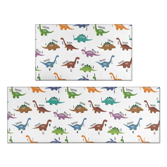 Dinosaur and Text White Pattern Anti Fatigue Kitchen Rugs Set Of 2, Non Slip Washable Decorative Floor Mats for Kitchen Sink Laundry, 17"x30" and 17"x47"