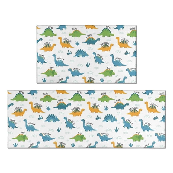 Dinosaur and Text White Pattern Anti Fatigue Kitchen Rugs Set Of 2, Non Slip Washable Decorative Floor Mats for Kitchen Sink Laundry, 17"x30" and 17"x47"