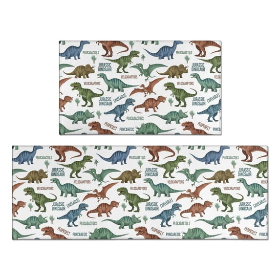 Dinosaur and Text White Pattern Anti Fatigue Kitchen Rugs Set Of 2, Non Slip Washable Decorative Floor Mats for Kitchen Sink Laundry, 17"x30" and 17"x47"