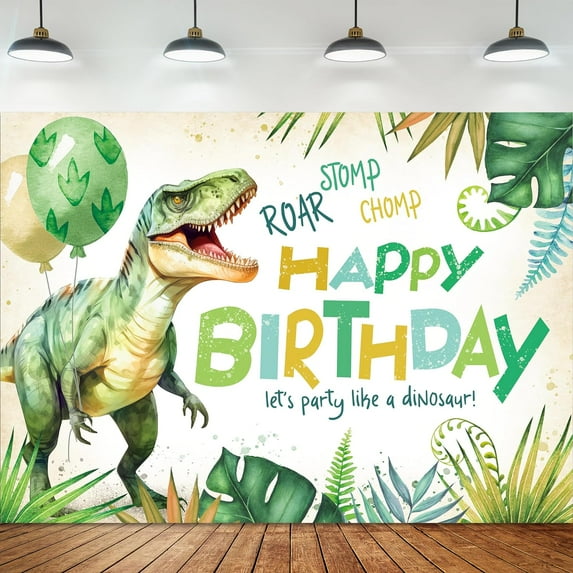 Dinosaur Theme Cool Happy Birthday Backdrop for Photography Kids Boys Cartoon Dino Animal Green Jungle Tropical Palm Background Party Decorations Cake Table Banner Decor Photo Booth Studio Props