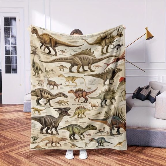 Dinosaur Theme Encyclopedia Flannel Blanket Soft Suitable for Bed, Sofa, Office, Camping - Digital Print Medieval Style Blanket