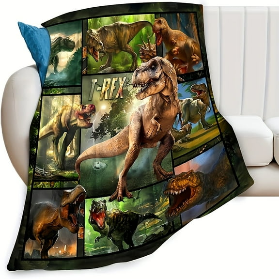 Dinosaur Theme Flannel Blanket with T-Rex Design – Cozy, Warm, and Stylish Home Decor for Bedroom or Living Room, Durable Polyester, Machine Washable, All-Season Comfort