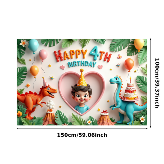 Dinosaur Theme Happy 4th Birthday Banner with Balloons and Cake for Kids Party Celebration Indoor Decoration