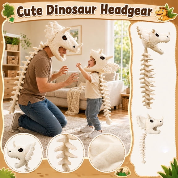 Dinosaur Themed Accessory, Stuffed Animal Skeleton Dinosaur Headpiece, Halloween Accessory, Spiked Tail Dragon Plush, Skeleton Halloween Decor, Wearable Plush Decoration for Goth