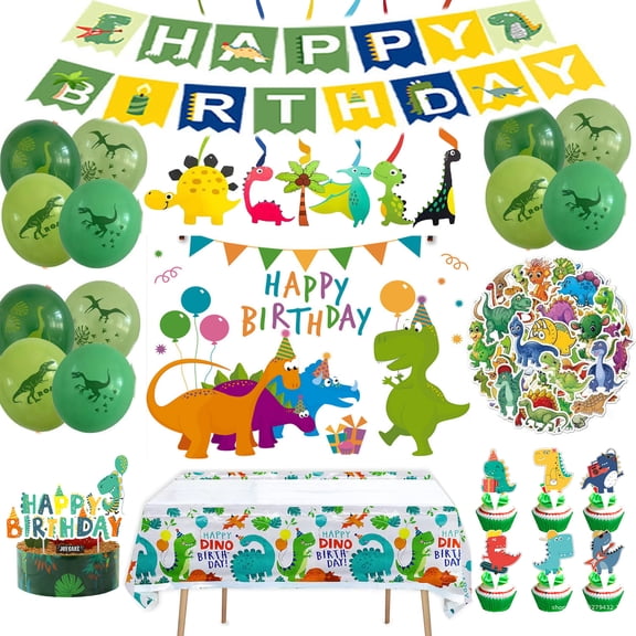 Dinosaur Themed Birthday Party Decorations with Banners, Dinosaur Balloons Cake Cupcake Toppers, Dinosaur Sticker Dinosaur Tablecloth Dinosaur Background Party Supplies