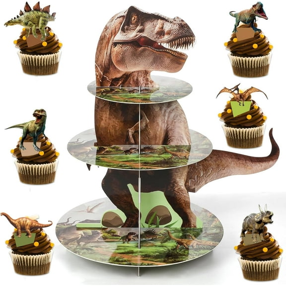 Dinosaur Themed Cupcake Stand for Dino Birthday Party Decorations 24 Cupcake Topper 3 Tier Dinosaur Dessert Cake Tower for Kids Boys Jungle Birthday Baby Shower Party Supplies Favors