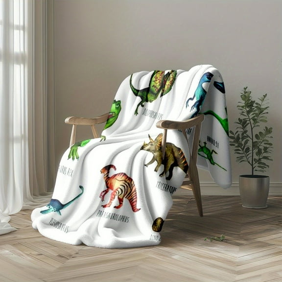 Dinosaur-Themed Flannel Blanket - Super Soft & Warm All-Season Bedspread with Dinosaur & Prehistoric Animal Print (Velociraptors, T-Rex, Triceratops) - 100% Polyester, Machine Washable, Non-Slip Bedd