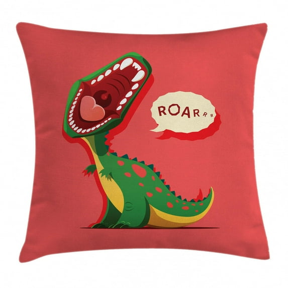 Dinosaur Throw Pillow Cushion Cover, Aggressive Prehistoric Cartoon Animal Roaring Open Mouth Wildlife, Decorative Square Accent Pillow Case, 18 X 18 Inches, Dark Coral Green Yellow, by Ambesonne
