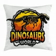 thumbnail image 1 of Dinosaur Throw Pillow Cushion Cover, Dinosaurs World Emblem with Tyrannosaur Skeleton Dead Scary Beast Fossil, Decorative Square Accent Pillow Case, 16 X 16 Inches, Orange Yellow Grey, by Ambesonne, 1 of 2