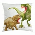 thumbnail image 1 of Dinosaur Throw Pillow Cushion Cover, T Rex Versus Triceratops Fighting Scaring Each Other Wild Reptiles, Decorative Square Accent Pillow Case, 24 X 24 Inches, Green Pink Light Brown, by Ambesonne, 1 of 2