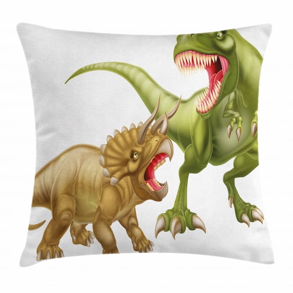 Dinosaur Throw Pillow Cushion Cover, T Rex Versus Triceratops Fighting Scaring Each Other Wild Reptiles, Decorative Square Accent Pillow Case, 24 X 24 Inches, Green Pink Light Brown, by Ambesonne