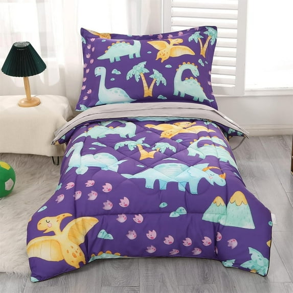 Dinosaur Toddler Bedding Set for Boys, Premium 4 Piece Toddler Comforter Set Purple with Flat Sheet, Fitted Sheet, Comforter and Pillowcase