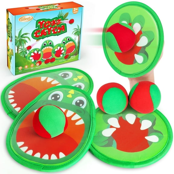 Billeeit Dinosaur Toss and Catch Game Set with 4 Rackets, 4 Balls, Bag, Velcro Ball and Catch, Outdoor Toy for Kids Ages 3+