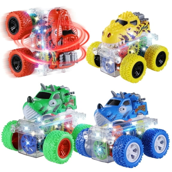 Monster Trucks with Light Friction Powered 4WD 360 Degree Rotation Toy Cars for 3-8 Year Kids Boy Girl, 4 Pack
