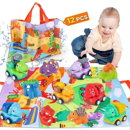 Dinosaur Car Toys for 1 Year Old Boy, 11 PCS Dinosaur Toy Set with Playmat/Storage Bag, Pull Back Friction Power Cars for Toddler 1-3, Silicone Dino Toys, 1st Birthday Gift for Infant 12 18 Months