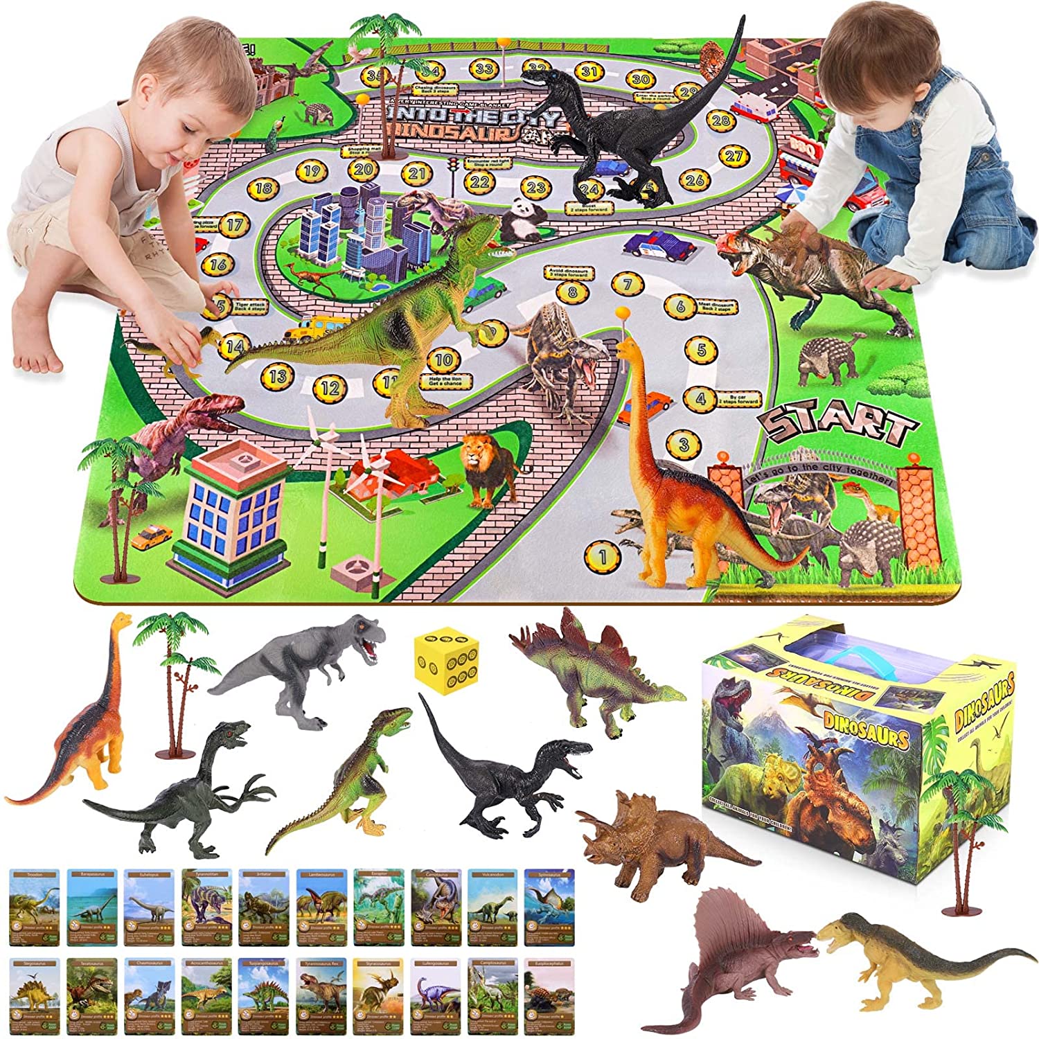 Neat-Oh! Dinosaur Prehistoric World 2-Sided Playmat - Includes 2 Dinosaurs, Folds For Storage, 28.5x22.5 In