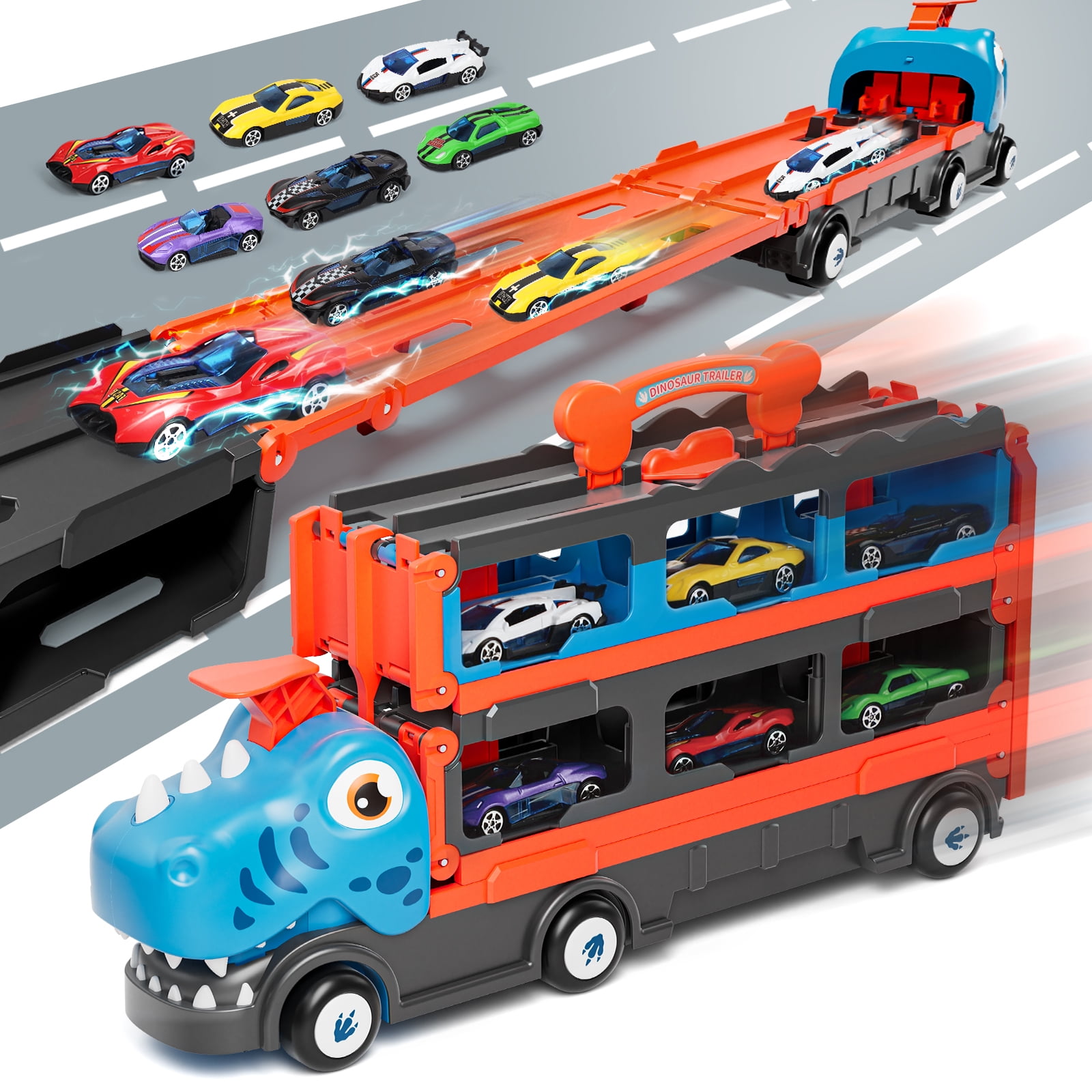 Dinosaur Toy Trucks Cars for Kids, Transport Truck Car Toys, Toddler Toys for 2 3 4 Years Old Boys, Carrier Truck Toy Cars for Toddlers with 6 Racing Cars, 62.5" Race Track, Best Gift for Boys Girls