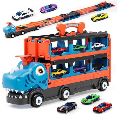 Dinosaur Toy Trucks Cars for Kids, Transport Truck Car Toys, Toddler Toys for 2 3 4 Years Old Boys, Carrier Truck Toy Cars for Toddlers with 6 Racing Cars, 62.5" Race Track, Best Gift for Boys Girls