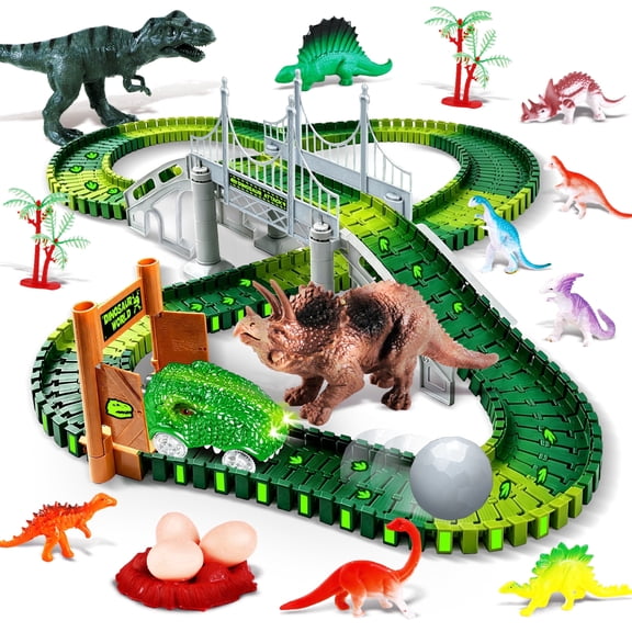 BKUSX 208 Pcs Dinosaur Track Toys Set, Flexible Race Road Playset with 1 Car & 10 Dino Figures, Stem Building Game Gift for Kids Ages 3-9