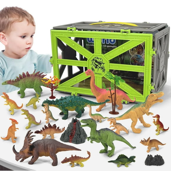 Dinosaur Toys for Kids 3-5, 23PCS Realistic Plastic Dinosaur Figures with Stone&Tree&Fence in Storage Cage for Toddlers Ages 5-7, Dino Toys Gifts for 3 4 5 Year Old Boys Girls
