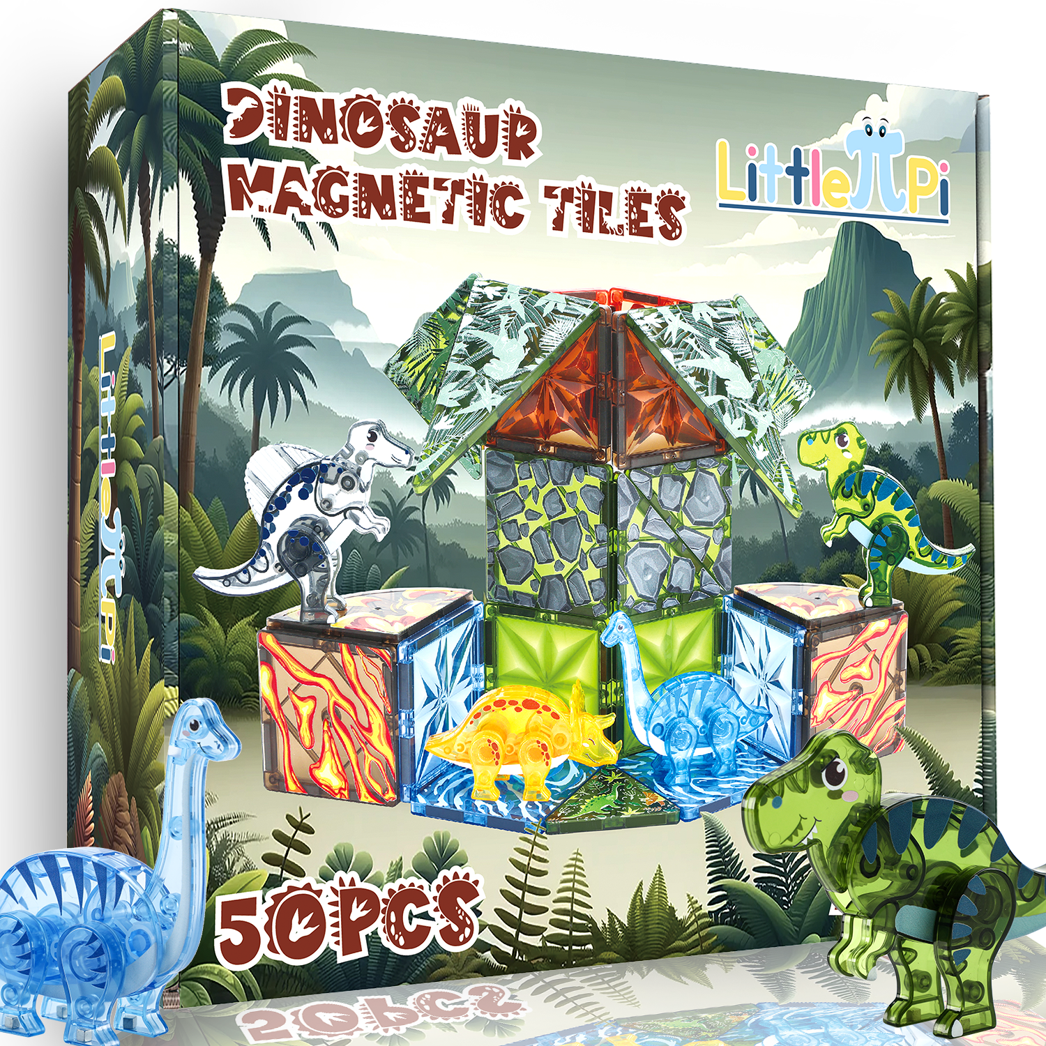 Little Pi Dinosaur Building Magnetic  Tiles for Kids Ages 3-8  STEM, 50 Pcs