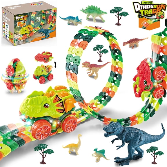 Dinosaur Toys Race Track, 184PCS Flexible Track Playset for Kids with 2 Dino Car Shells 7 Dinosaur Toys, 360 Loop Anti Gravity Race Car with Lights, Birthday Gifts for 3 4 5 6 7 Years Boys Girls