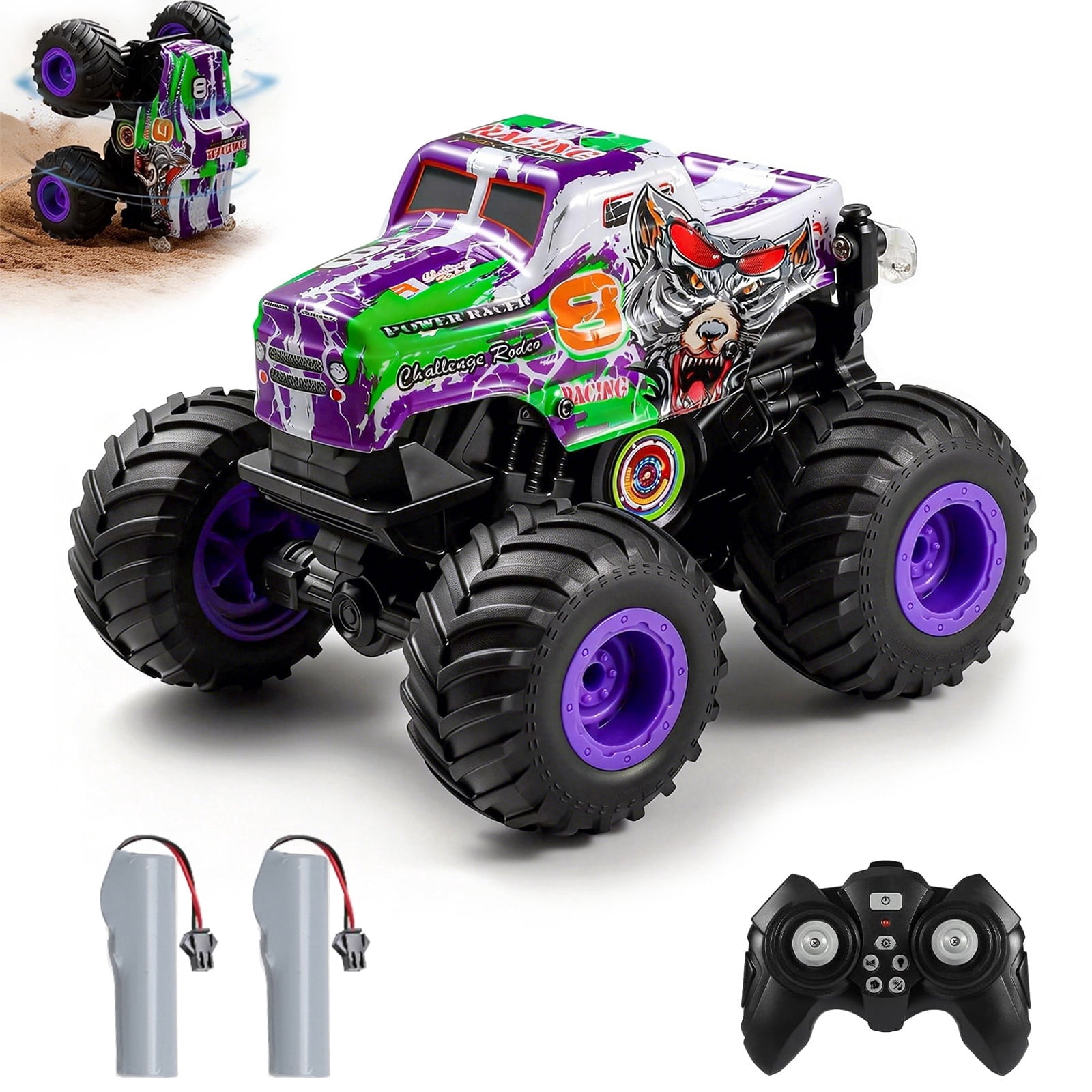 VKFVKF RC Monster Trucks, Remote Control Car with Light & Sound, 360° Rotating RC Stunt Car for Boys