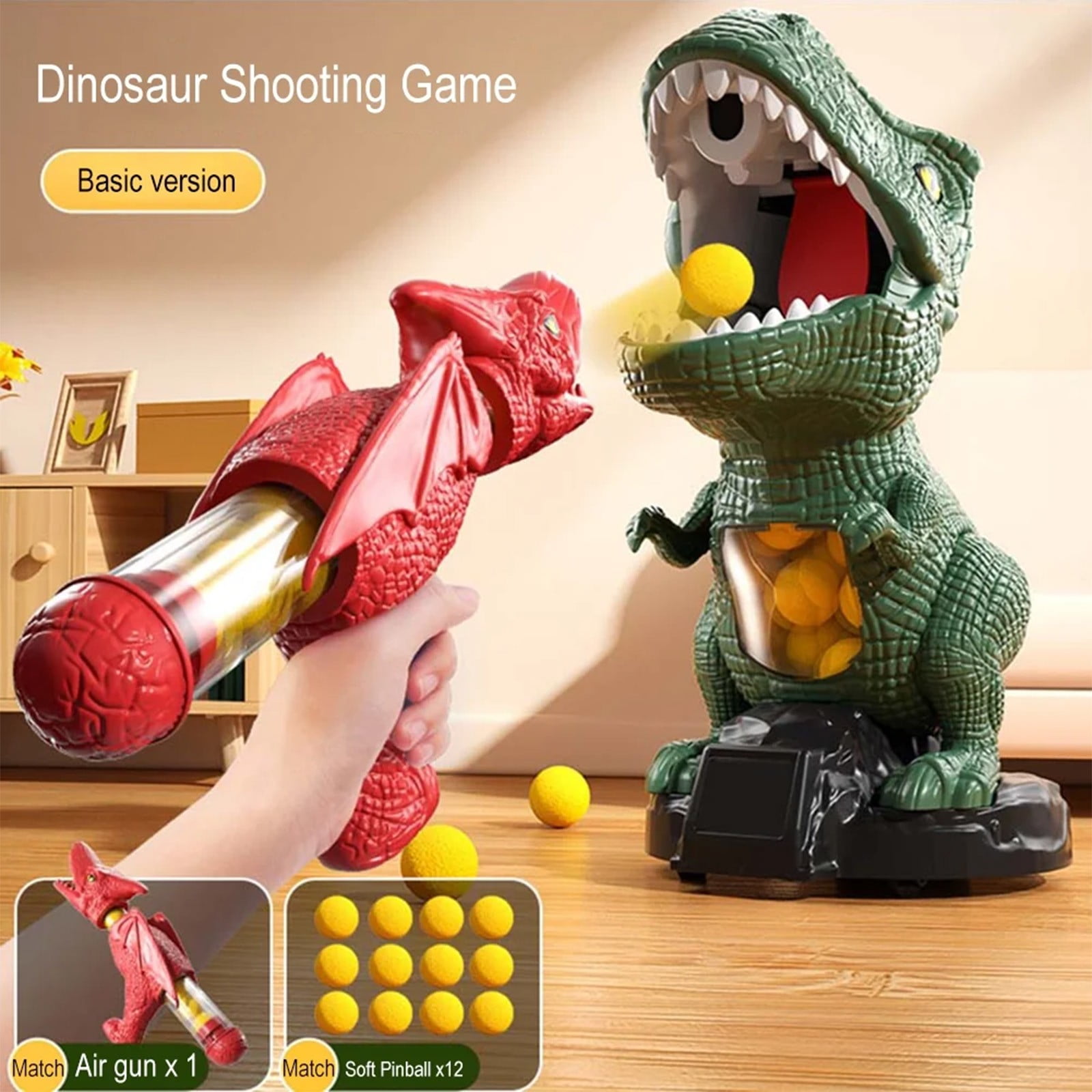 Dinosaur Toys Shooting Game for Kids, Movable Target Shooting Games with Air Pump Launcher, 12 Foam Balls, LED Score, Spray & Sound, Competition Game Gift for 5 6+