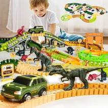 Dinosaur Toys for Kids, 239 Pcs Track Playset with 8 Dinosaurs, 2 Race Car Toys, Dinosaur Toys for Kids 3-5