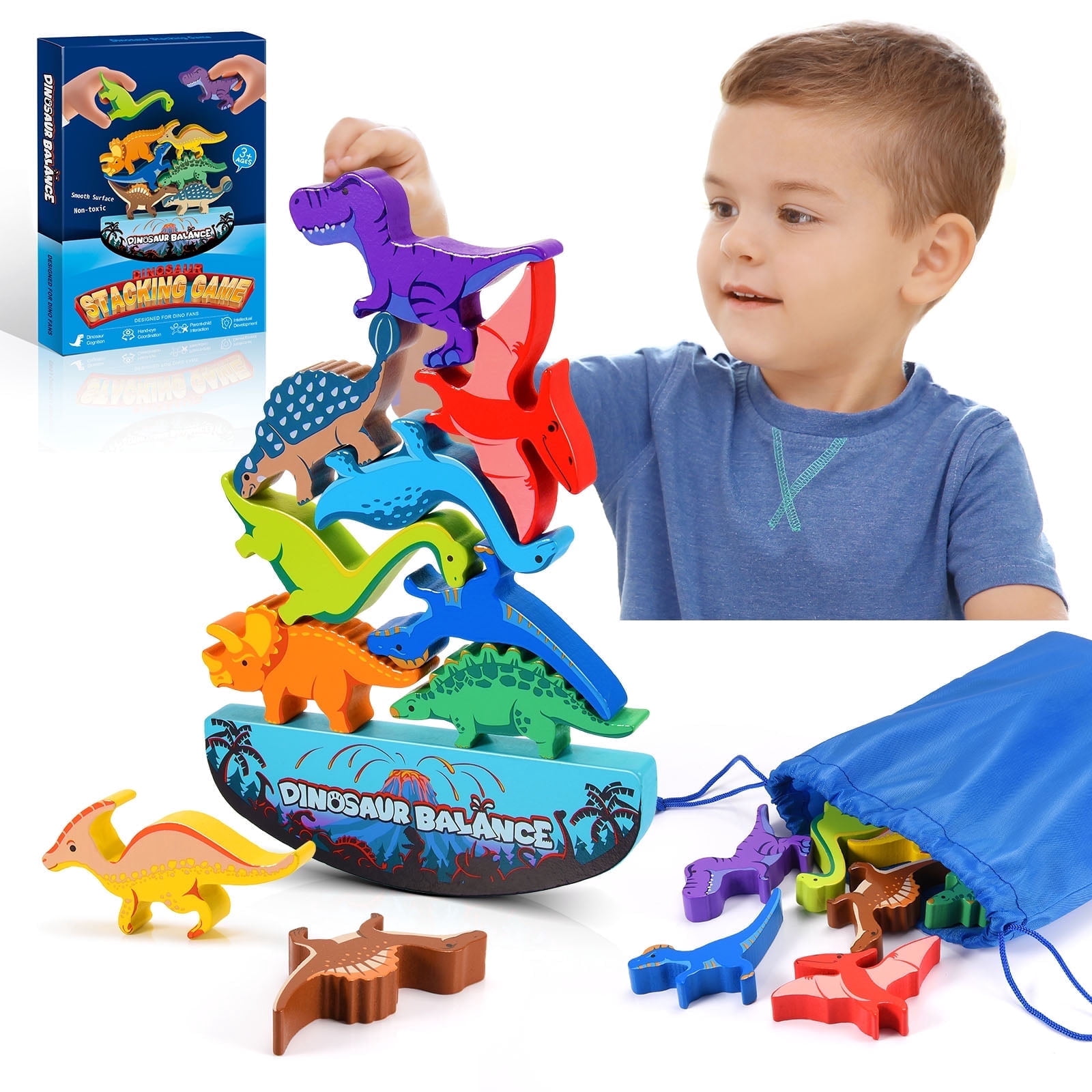 ATOPDREAM-US Dinosaur Toys for Kids 3-5, Dinosaur Balance Game, Wooden Stacking Blocks Montessori Toys for 3 4 5 6 Year Old Boys Girls, Birthday Gifts for Kids