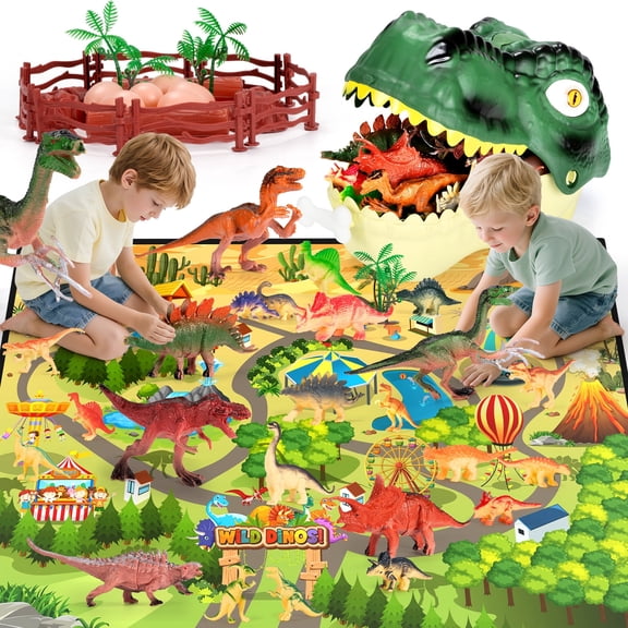 FunMagic Dinosaur Toys with Play Mat, 46PCS Realistic Jurassic Dinosaurs Figures with Eggs&Trees&Fence,Dino World Playset, Gift for Toddler Boys & Girls