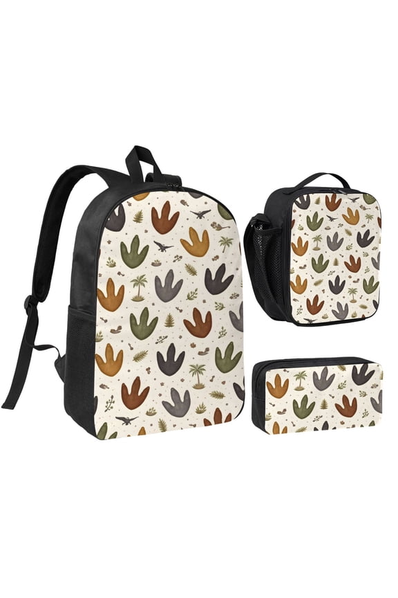Dinosaur Track Pattern Backpack Set 3pc ，Backpack with Lunch Bag and Bag 17 Inch