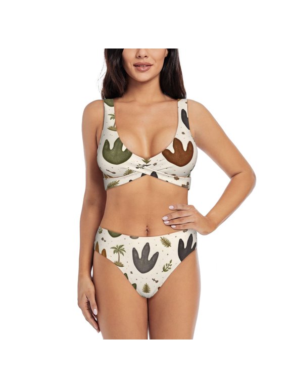 Dinosaur Track Pattern Women's Bikini Sets Cross-Front Two-Piece Beachwear