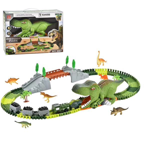 Unbranded Dinosaur Track Playset Electric Train Flexible Bendable Tracks with Chomping T-Rex Dinosaur Figures, Bridge, Trees, Rocks for Kids 3+