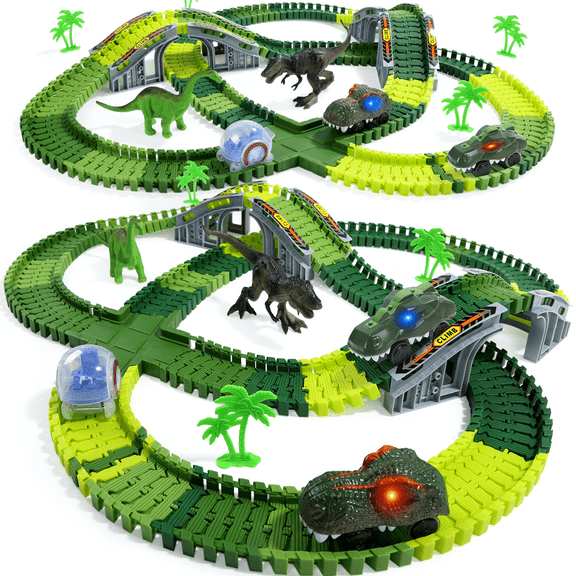 Dinosaur Race Vehicle Playset for Kids – 233 Pcs Flexible Race Tracks, 2 Electric Dino Cars with Light, 2 Dino Figures, Gift for Boys and Girls Ages 3–8