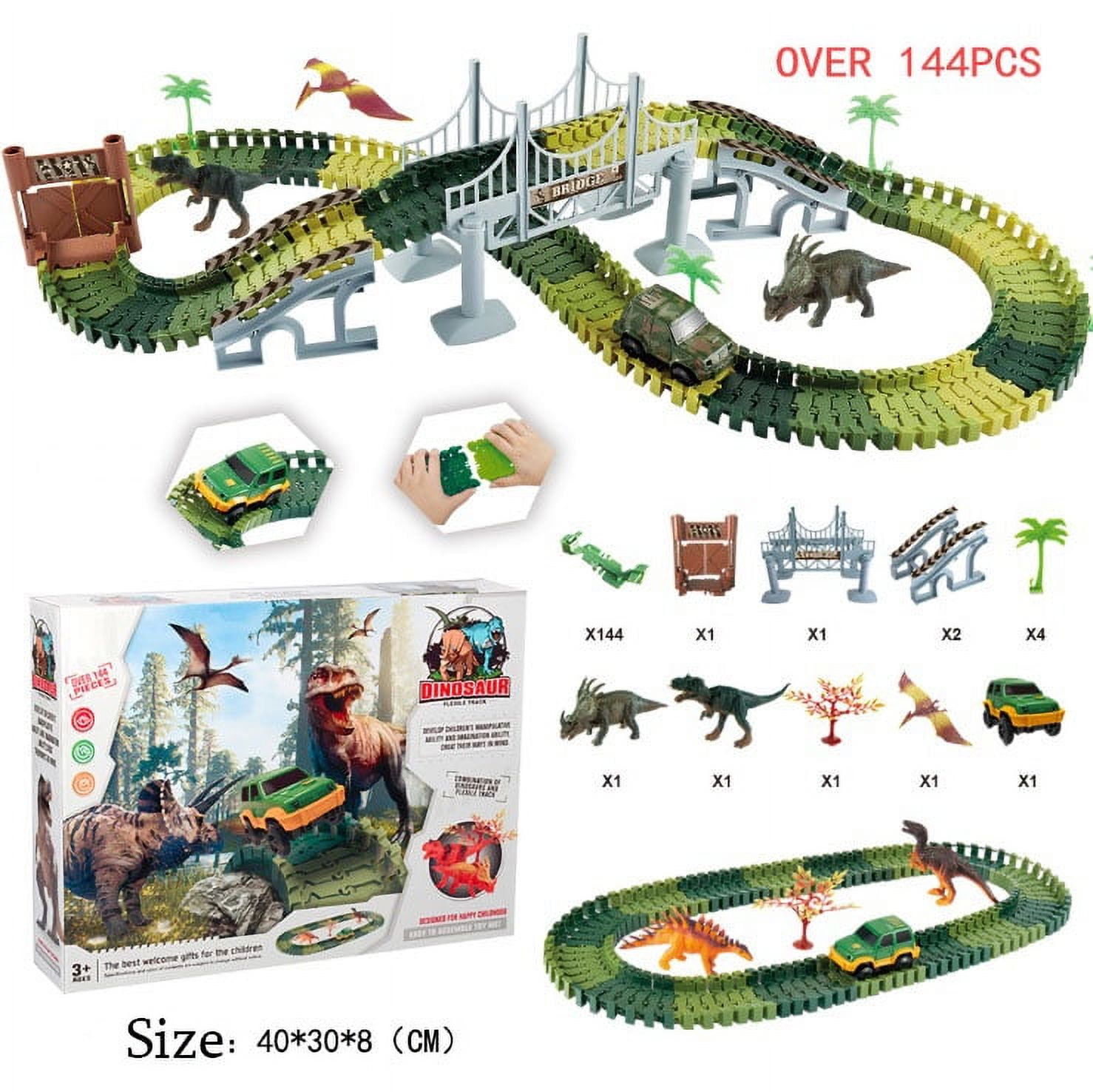  Dinosaur Toys, 201Pcs Create A Dinosaur World Road Race with  Rolling Ball 8 Dino and 2 Race Cars for Boys & Girls Ages 3 4 5 6 7,  Flexible Train Tracks