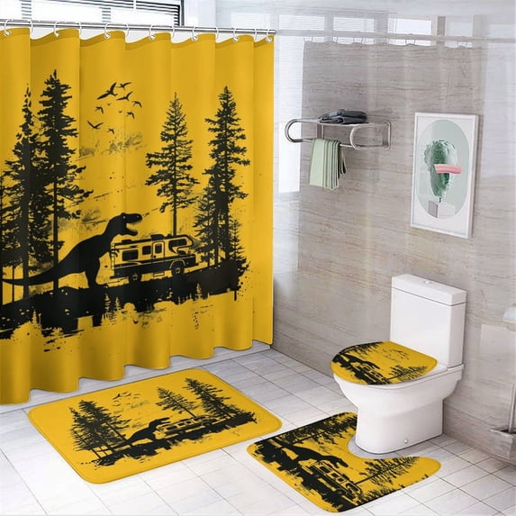 Dinosaur Trailer 4 Pcs Shower Curtain Sets Bath Mat U-Shaped Floor Mat Toilet Lid Oval Rug Camping Camper Gifts Waterproof Personality Pattern Bath Curtain for Bathtub Decor
