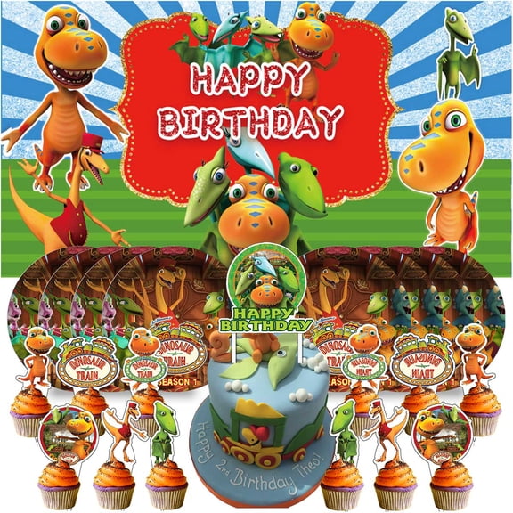 Dinosaur Train Birthday Party Decor Set - 5x2.3ft Backdrop Banner, Paper Plates, Cake Toppers & Fan Decorations