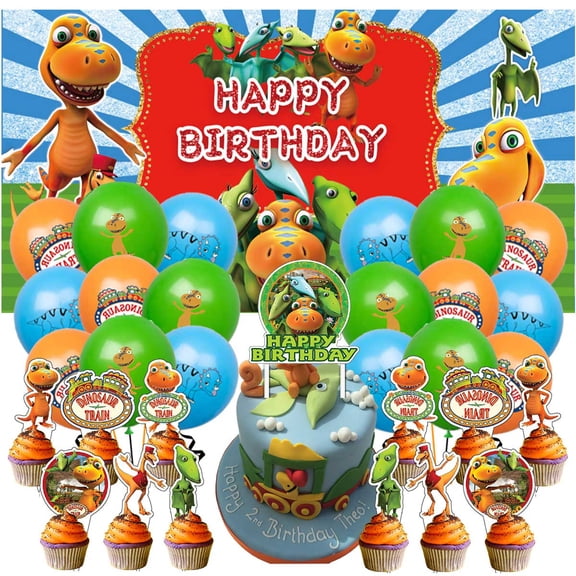 Dinosaur Train Birthday Party Decor Set - 5x2.3ft Themed Backdrop Banner, Latex Balloons & Cake Toppers Party Supplies