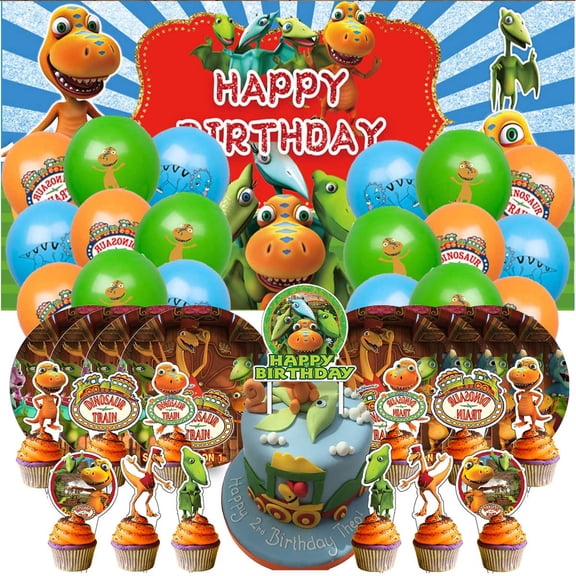 Dinosaur Train Themed Birthday Party Decor Set - Balloons, Paper Plates, Cake Toppers, Tableware & 5x2.3ft Backdrop Banner