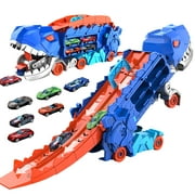 Dinosaur Transformer Vehicle with Folding Sliding Racing Track that turns into a Standstanding Tyranosaurus Rex, Dinosaur Swallowing Vehicle for Boys and Girls Ages 3 4 5 6 7 8  9(8 toy cars)