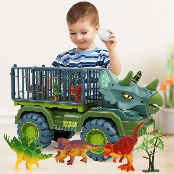 Dinosaur Transport Truck, Dinosaur Playset Toys with 3 Dino Figures, Large Triceratops Vehicle Carrier Car Toys, Dinosaur Toys for Boys Ages 3 , Birthday Gifts for Toddler Kids