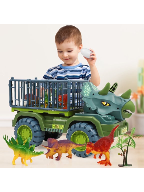 Dinosaur Transport Truck, Dinosaur Playset Toys with 3 Dino Figures, Large Triceratops Vehicle Carrier Car Toys, Dinosaur Toys for Boys Ages 3+, Birthday Gifts for Toddler Kids