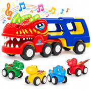Dinosaur Truck Toys for Kids 3+, Transport Truck Toy Set with Detachable Double-Deck Trailer, 4 Pull-Back Dinosaur Toy Cars, Lights & Sounds