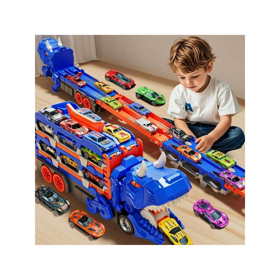 Dinosaur Transport Truck Toy Transforms Into Dino | Car Track Set with 12 Pcs Die-Cast Cars | Toddler Car Toys Gift for 3 4 5 6 Year Old Boys | Vehicle Storage Carrier