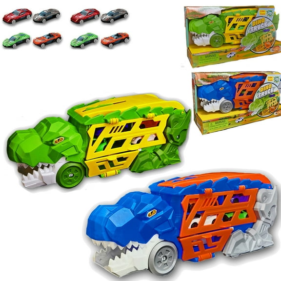 Dinosaur Transporter Truck Toy Combo  Set of 2 (Blue & Green) with 8 Die-Cast Cars  Dino Launcher & Slide-Out Track  Race Playset for Kids Ages 3+