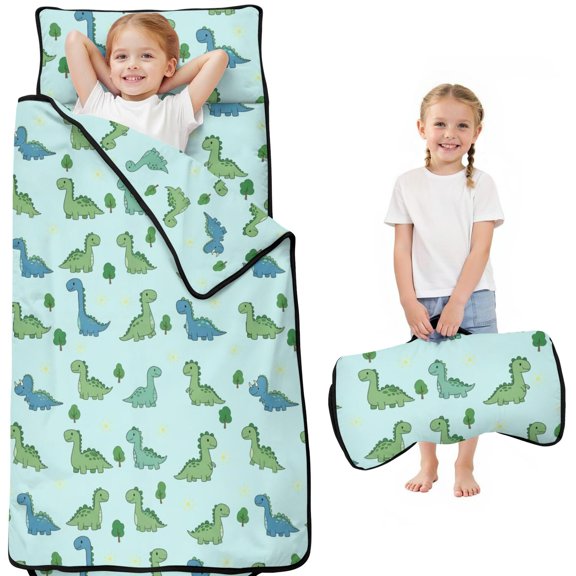 Dinosaur and Tree Light Blue Pattern Kids Nap Mat, Sleeping Mat with Removable Pillow with Handle & Fastening Straps, Soft Skin Friendly Gifts for Toddlers Kids Boys Girls,50"x20"