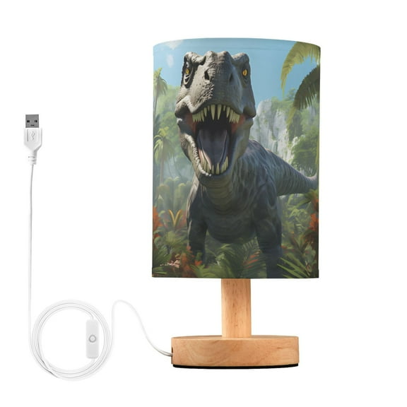 Dinosaur Trees Forest Sky Leaves Table Lamp USB Bedside Desk Nightstand Lamp Printed Gifts Small Lamp Wood Base for Bedroom Living Room Kids Room College Dorm