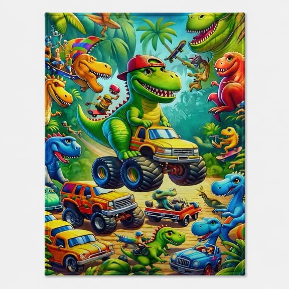 Dinosaur Truck Fleece Throw Blanket, Soft 280 Gsm Polyester, Kids Room Decor for Couch & Bed