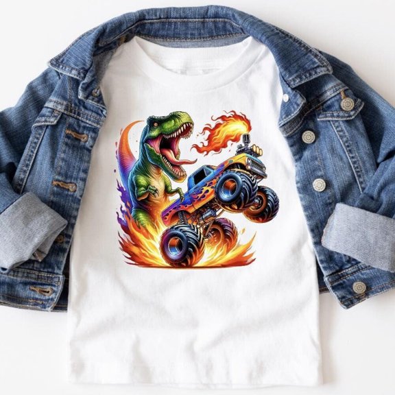 Dinosaur And Truck Kids Shirt, Dinosaur And Flames Kids T-Shirt, Toddler Dinosaur Gift, Boys Dino Shirt, Monster Truck Birthday Tee TODDLER SHORT SLEEVE TEE BELLA CANVAS 3001T